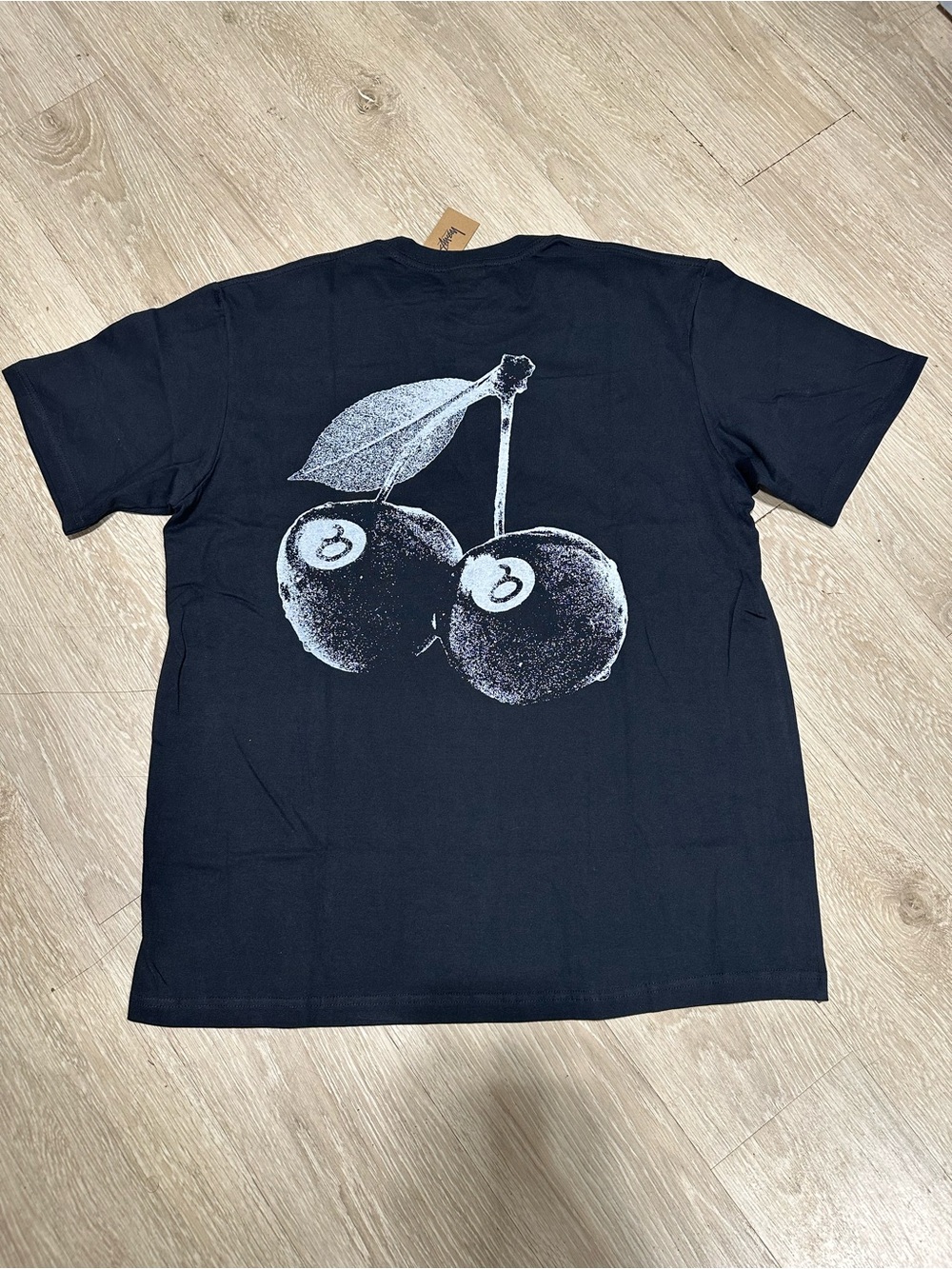 Stussy Black T-Shirt with White Cherry Graphic